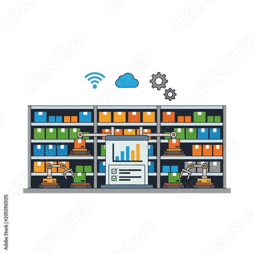 Warehouse with robotic automation and inventory shelves.