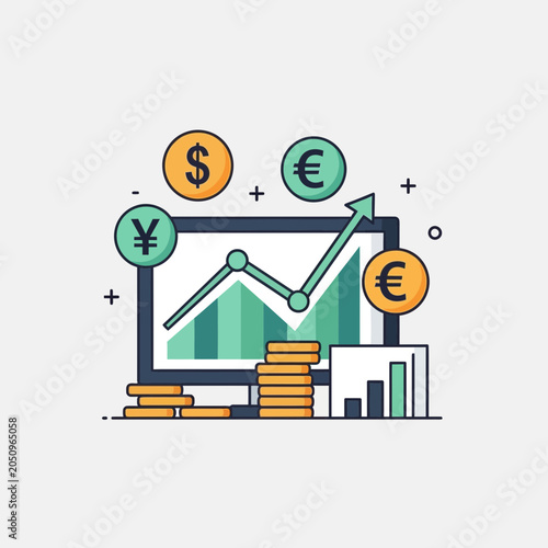 Digital illustration of financial growth with currency symbols and upward trend graph.
