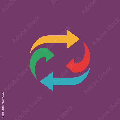 Four colorful arrows forming a circular recycling symbol on a purple background.