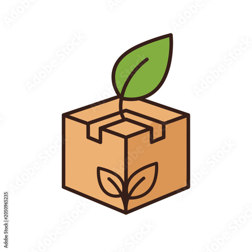 A small plant growing out of a cardboard box with leaves.