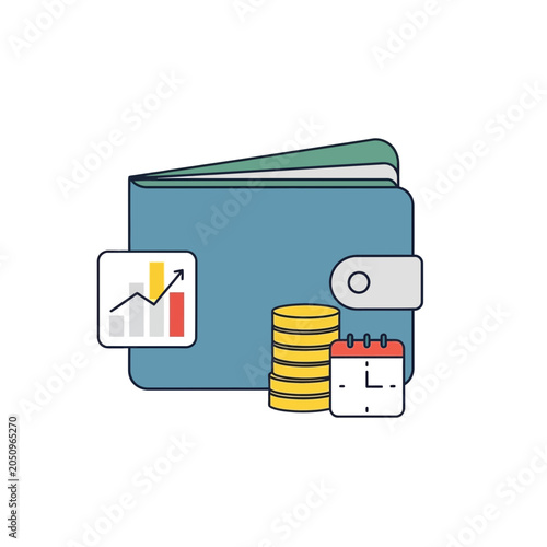 Open wallet with coins, calendar, and chart icons representing financial management.