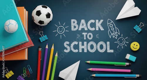 Back to school supplies soccer books and stationery on a chalkboard for education concepts