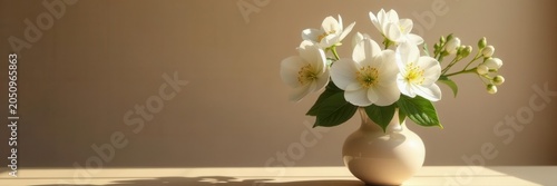Elegant white blooms in beige vase, soft candlelight, spa, minimalist