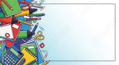 Back to school supplies border colorful stationery for education learning and academic success
