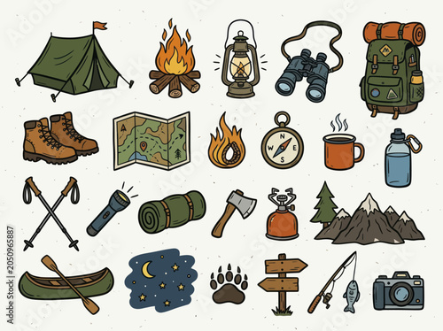 Collection of Hand-Drawn Camping and Outdoor Adventure Gear Icons.