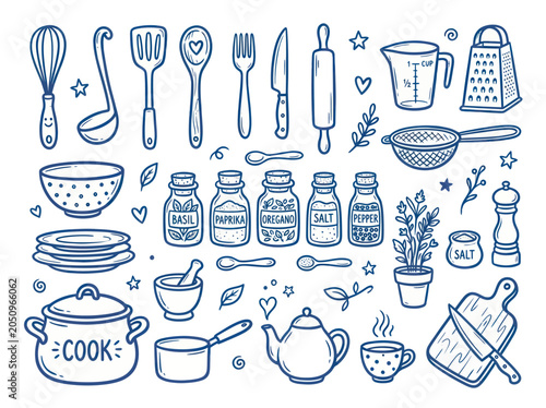 Collection of Kitchen Utensils and Cooking Equipment Hand Drawn Illustration.
