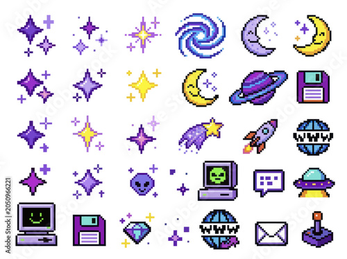 Collection of pixel art icons featuring space, retro tech, and sparkling elements.