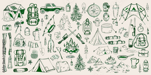 Foto Hand Drawn Camping And Outdoor Adventure Equipment Vector Illustration