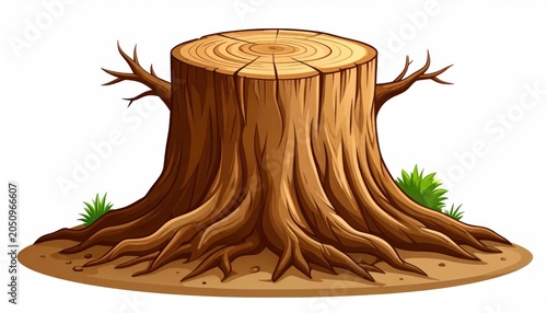Detailed Illustration of a Large Tree Stump with Exposed Roots and Branches.