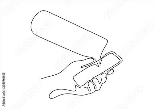 Continuous one line drawing of hand holding smartphone and speech bubble. Hand drawn one line vector. Editable stroke	