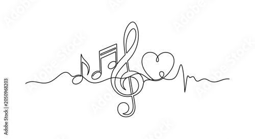 Slika na platnu Continuous Line Drawing of Music Notes, Treble Clef, Heartbeat, and Heart Symbol