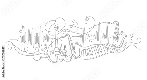 Tableau sur toile Abstract Music Line Art: Instruments, Soundwaves, Melody Flow - Vector Illustrat