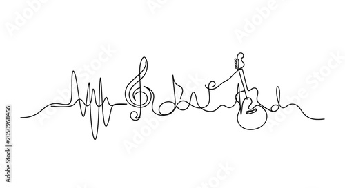 Quadro em tela Continuous line art of musical notes, treble clef, heartbeat, and guitar on whit