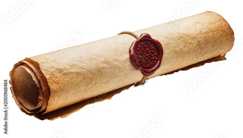 Photos Rolled parchment scroll sealed with red wax and twine