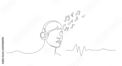 Canvas Print Continuous line drawing of a person wearing headphones, with musical notes and sound waves emanating