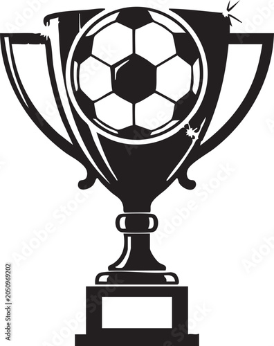 Black and white illustration of a trophy with a soccer ball on top