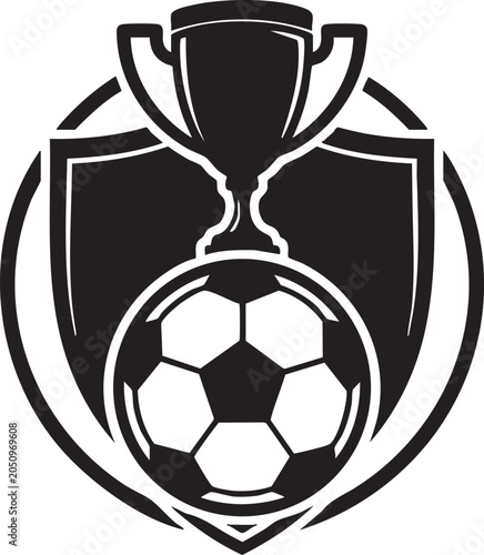 Black and white illustration of a soccer ball with a trophy on a shield
