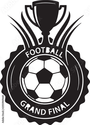Black and white football grand final logo with trophy and soccer ball