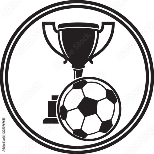 Black and white icon of a trophy cup and soccer ball in a circle