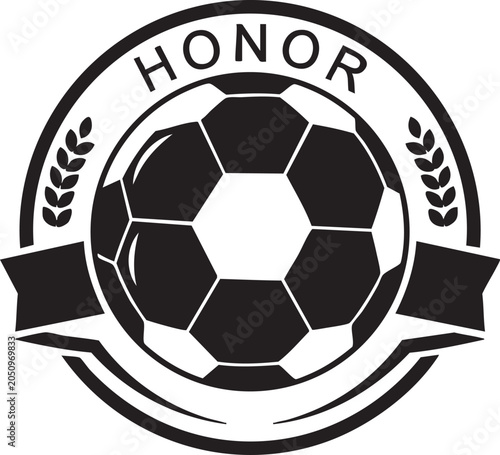 Black and white soccer ball logo with honor text and laurel leaves