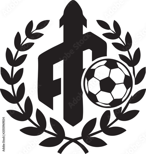 Black silhouette of a soccer ball and lettering with laurel wreath