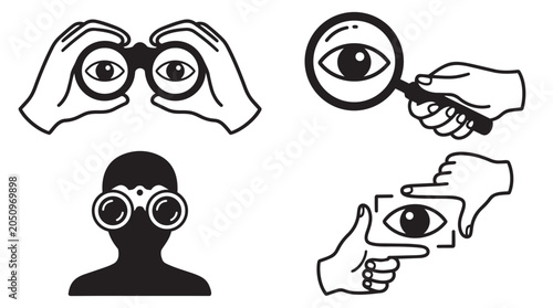Принти на полотні Vision and observation flat vector icons with observation binoculars magnifying