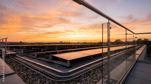 Solar Panels on Modern Rooftop at Golden Hour — Renewable Energy Sustainable Technology Concept