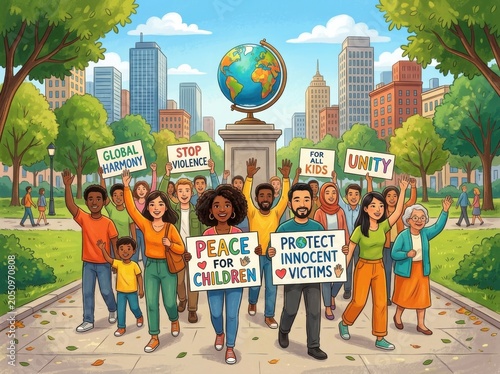 Diverse group of people protesting for global harmony and peace