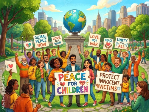 Diverse group of people protesting for global peace and unity