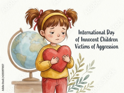 Sad child holding heart on International Day of Innocent Children Victims of Aggression