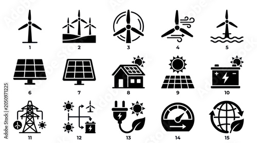 Fotografie Black renewable energy and sustainable power source icon set.