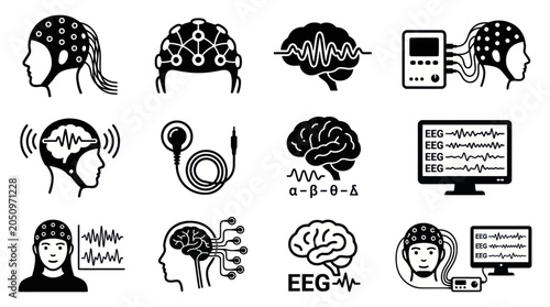 Photography Brain mapping and EEG diagnostic equipment line icons.