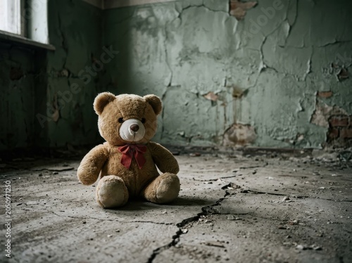 Abandoned teddy bear in ruined room with cracked walls