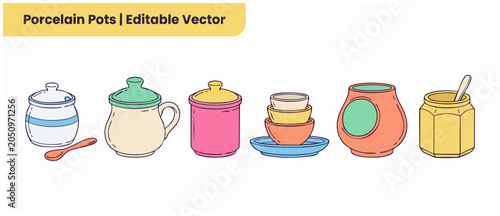 Fotografía Porcelain pots vector illustration set featuring colorful ceramic kitchen canisters, spice jars with lids, sugar bowls, and stacked bowls on a white background for household cooking theme decoration