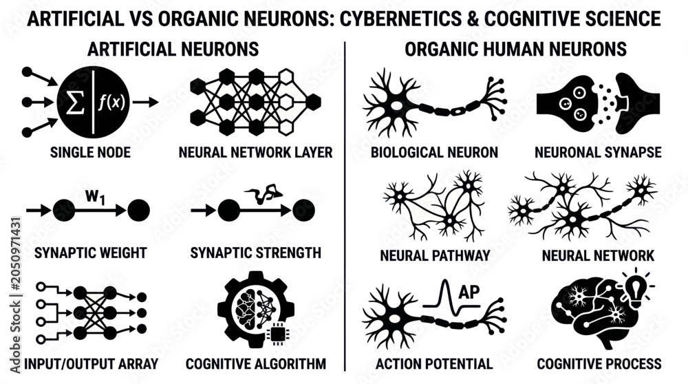 Obraz premium Comparison of artificial and organic human neuron icons.