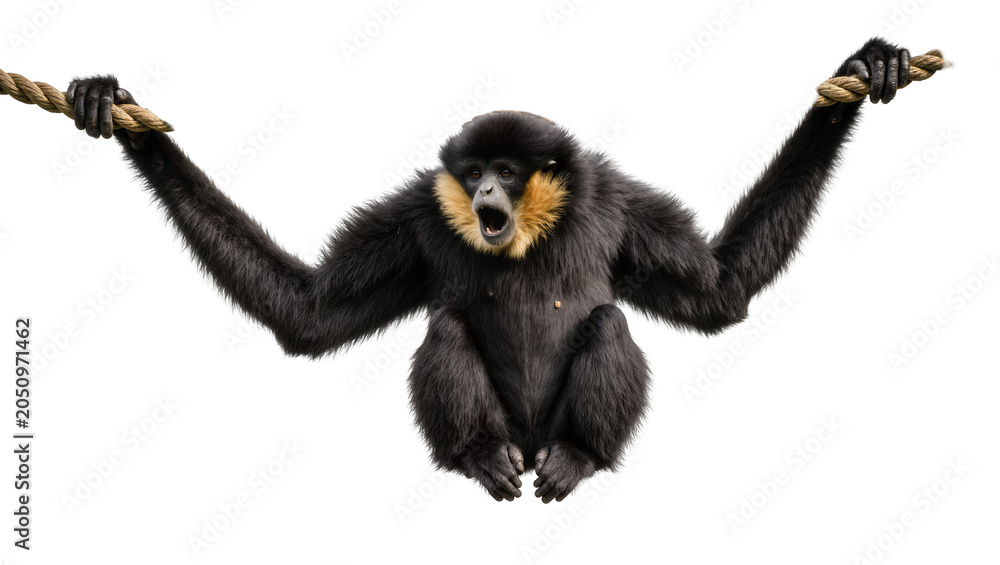 Fototapeta premium Black gibbon monkey with yellow throat holding rope