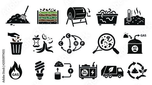Obraz na płótnie Composting and bioenergy production black flat icons.