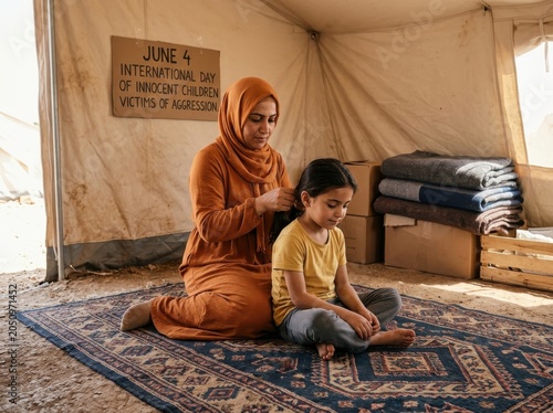 Woman braids a child's hair in refugee camp tent