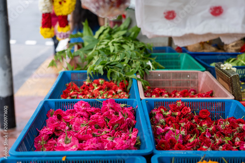 Fresh Rose Heads in Baskets at Flower Market Stall, Little India, Singapore