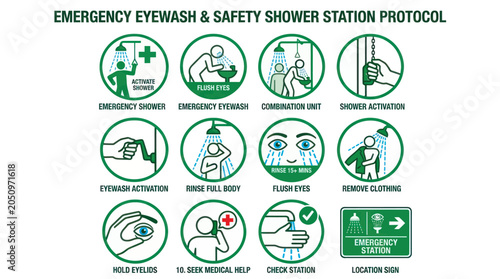 Obraz na płótnie Emergency eyewash and safety shower station protocol poster.