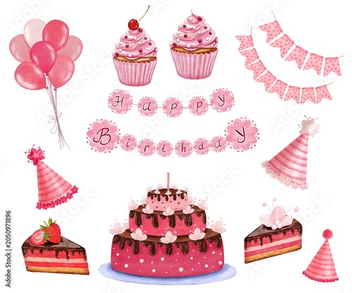  Pink Birthday Set with cake, Cupcakes, cake slices, Ballons, Garlands, Party hats, festive decorations, watercolor Hand drawn Illustration. Good for Birthday Invitation, Party decoration