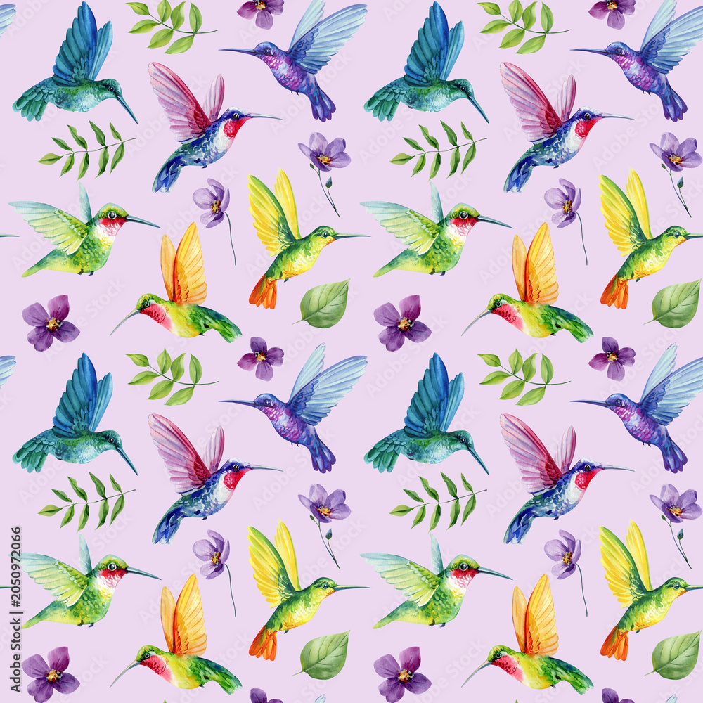 Naklejka premium hummingbird watercolor seamless pattern with tropical birds flowers leaves and colorful flying wildlife on purple background