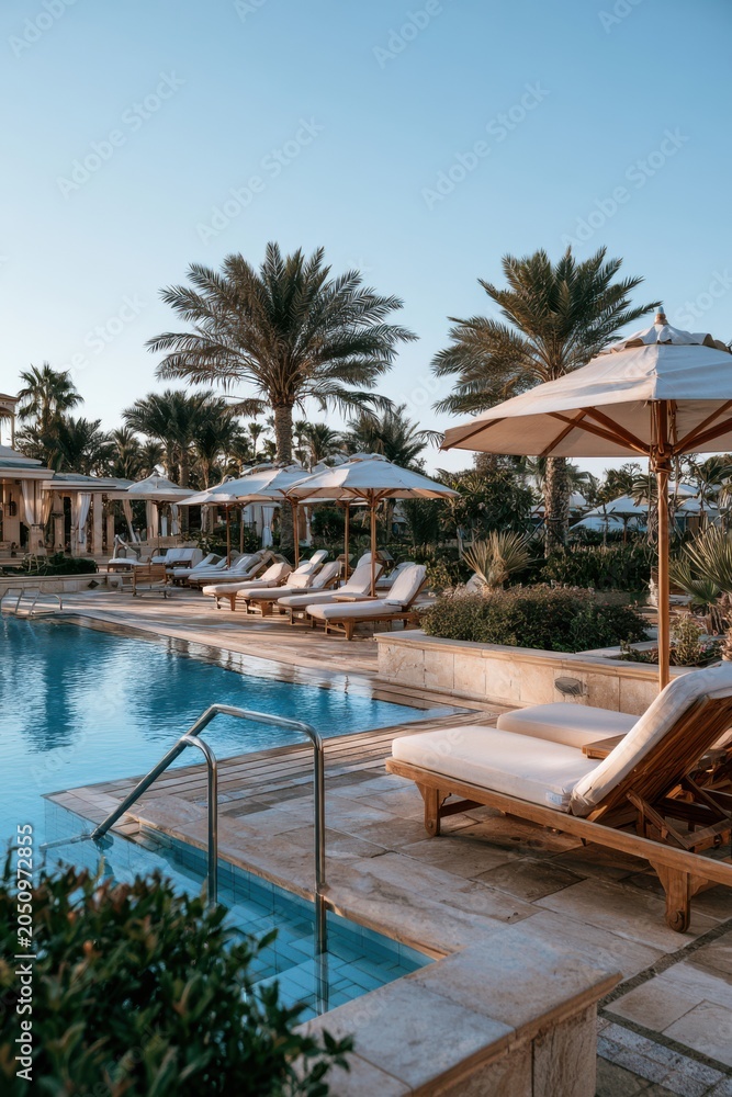 Obraz premium Luxurious Vacant Poolside Lounge in Tropical Resort