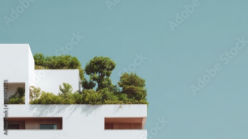 Modern minimalist architecture with lush rooftop garden against blue sky