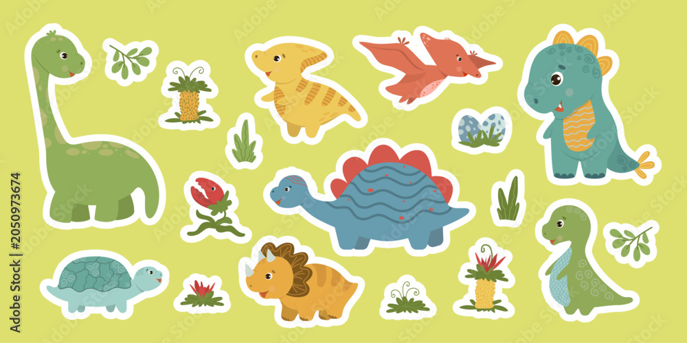 Obraz premium A cute set of flat vector baby dinosaur stickers featuring diplodocus, triceratops, stegosaurus, pterodactyl, and prehistoric plants isolated on a green background. Vector illustration