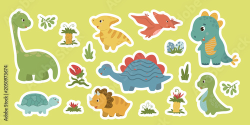 Bild auf Leinwand A cute set of flat vector baby dinosaur stickers featuring diplodocus, triceratops, stegosaurus, pterodactyl, and prehistoric plants isolated on a green background