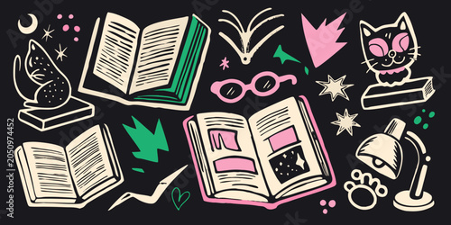 Φωτογραφία Reading themed illustration with open books cat and eyeglasses on black backgrou
