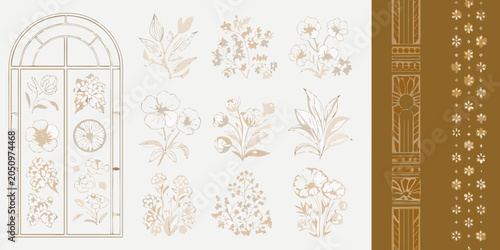 Photos Floral ornament vector set with botanical illustrations and decorative window fr
