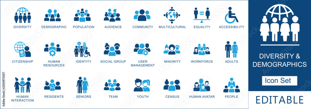 Foto Diversity and demographics solid icon set