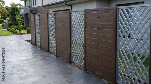 Modern backyard fence with wood slats and metal lattice panels. Exterior residential perimeter wall design. Contemporary home landscaping, privacy solution and home improvement concept.